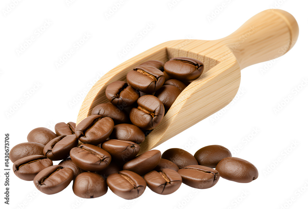 Fototapeta premium Roasted Coffee Beans in Wooden Scoop, transparent background.