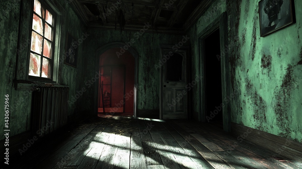 Fototapeta premium Haunted House Hallway: Eerie Green Walls, Sunlit Shadows