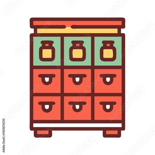 Retro apothecary cabinet with bottles and drawers icon
