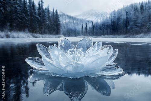 Frozen lotus flower, a serene winter scene on ice-covered water.