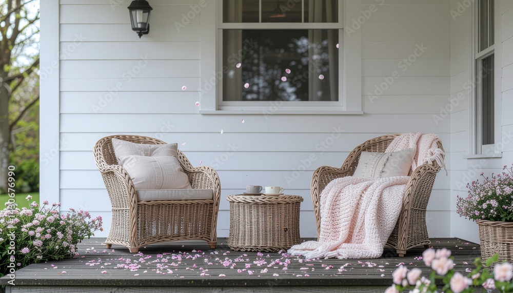 Obraz premium Front porch of a cottage with wicker chairs, pastel blanket