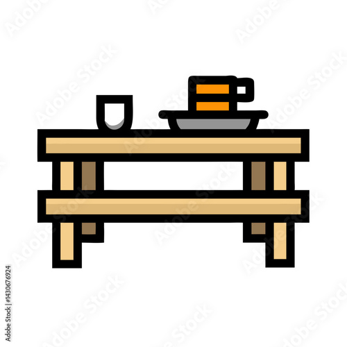 Pixelated wooden table with dish and mug icon