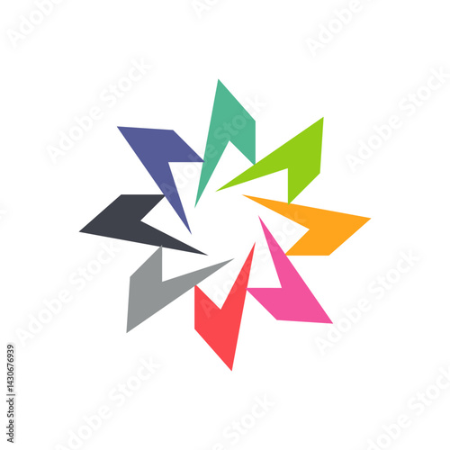 Geometric Starburst: A vibrant graphic showcasing a starburst pattern, where sharp, multi-colored geometric shapes converge in a dynamic, radial composition. Capturing modernity and energy.