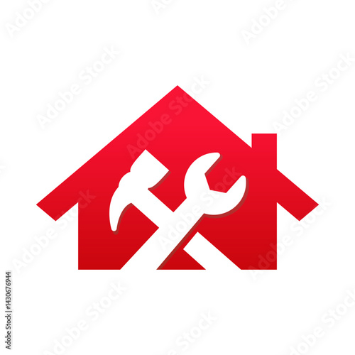 Home Repair and Maintenance Icon: A symbolic representation of home improvement and upkeep, featuring a red house silhouette with a crossed wrench and hammer, embodying the essence of construction.