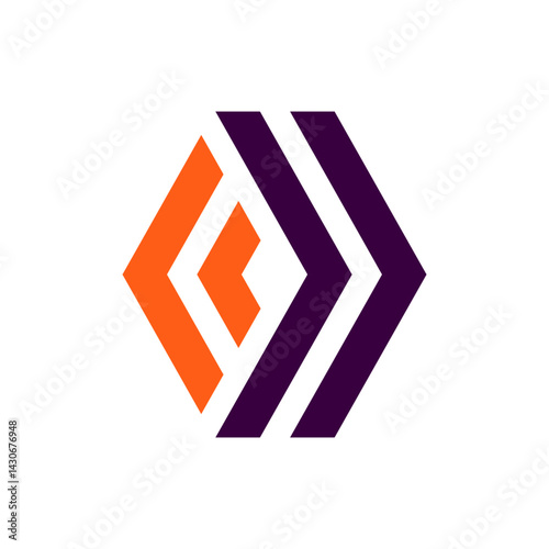 Abstract Hexagon Logo:  A modern and minimalist logo design featuring an abstract hexagon shape formed by overlapping orange and purple arrows, symbolizing growth, direction, and progress. 