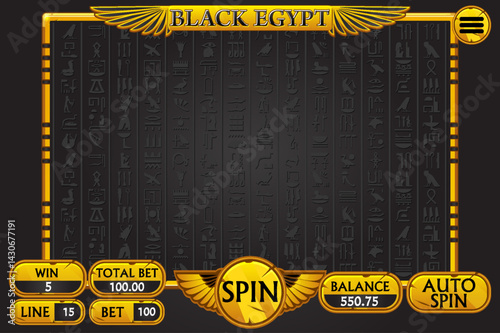 Egypt golden-black slot UI. Slots menu with standard buttons for game development in golden-black colors. Casino slots gameplay main screen