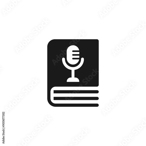 Book with a microphone. A theme for audiobook or podcast, voice narration. Vector icon and logo. Illustration on white background.