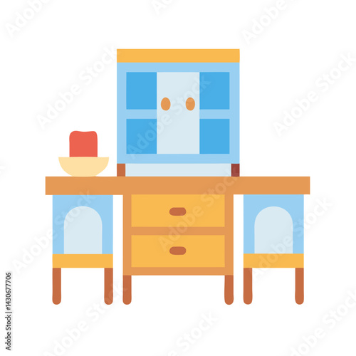 Retro vanity table with drawers and hutch illustration