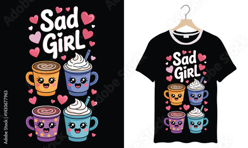 Cute Kawaii Sad Girl Coffee Cups T-Shirt Design