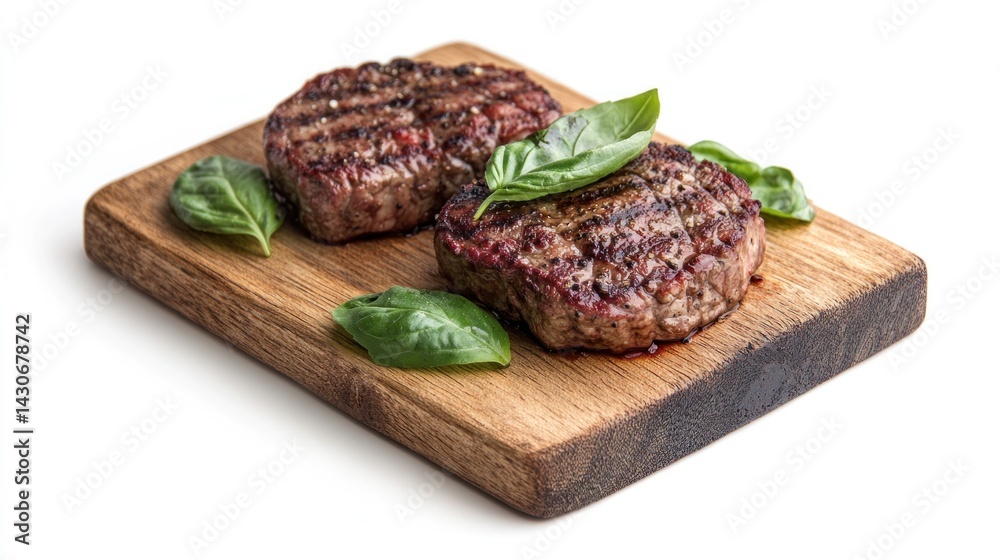 Two grilled beef patties on a wooden board with fresh basil Two grilled beef patties on a wooden board with fresh basil