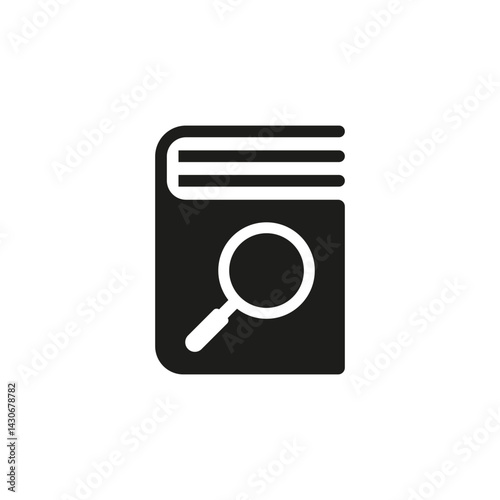 Book with magnifying glass icon. Vector illustration on white background.