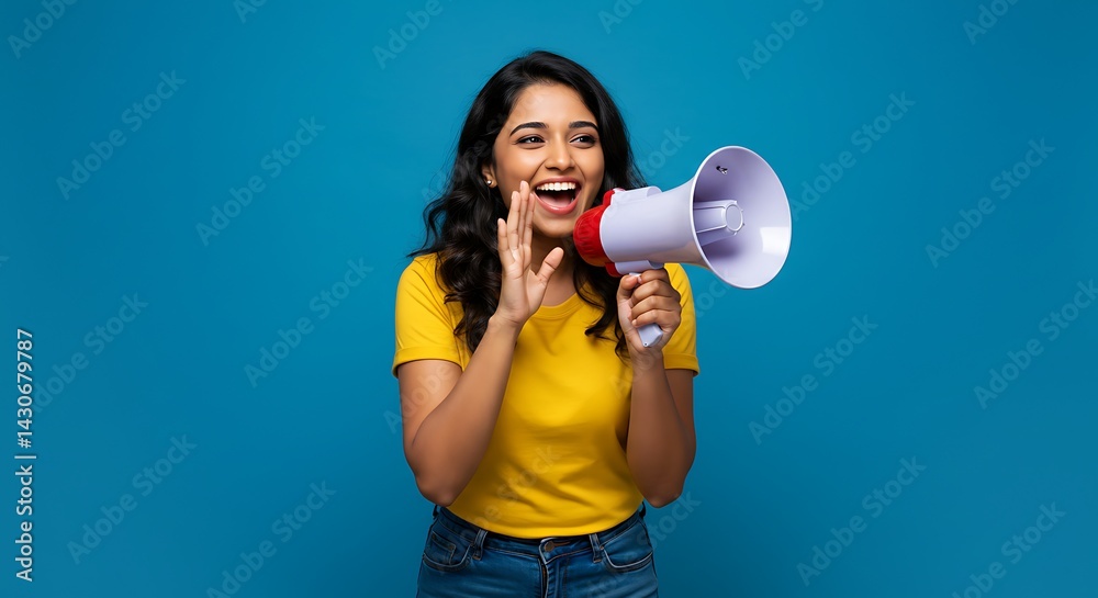 Smiling Woman Announcing with Megaphone Against Blue Background Smiling Woman Announcing with Megaphone Against Blue Background