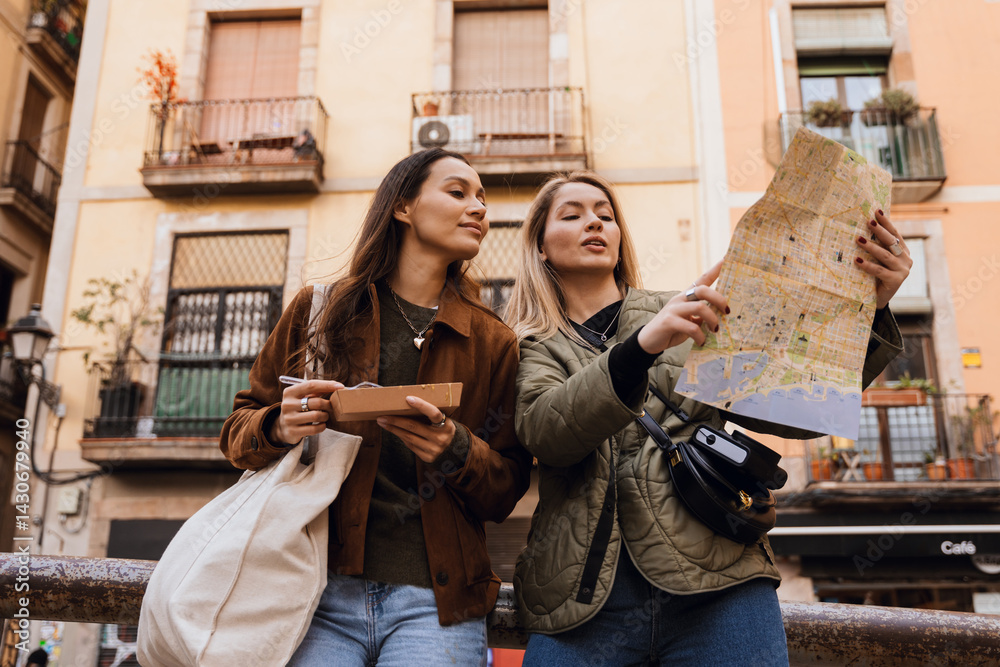 Naklejka premium A Caucasian blond woman in her 20s, showing a paper map to her young Caucasian female friend as they're standing on a city street, with the friend eating some street sweets, on a sunny day