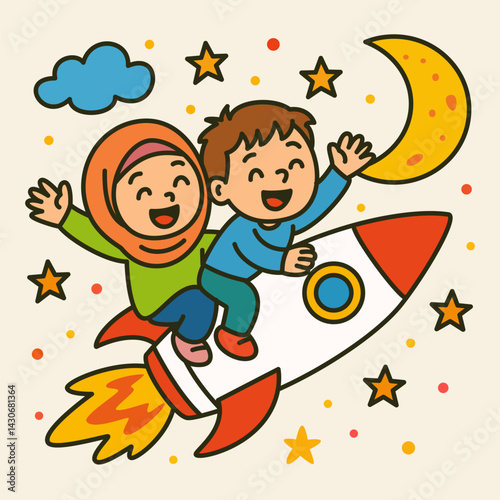 Two joyful children soar through the night sky on a rocket reaching for the moon