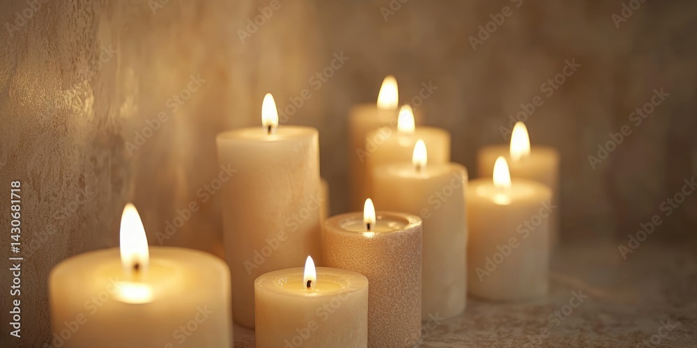 A cozy ambiance with a cluster of neutral-toned candles flickering against a beige background A cozy ambiance with a cluster of neutral-toned candles flickering against a beige background
