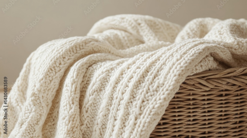 Cream knitted throw draped in a light brown wicker basket Cream knitted throw draped in a light brown wicker basket