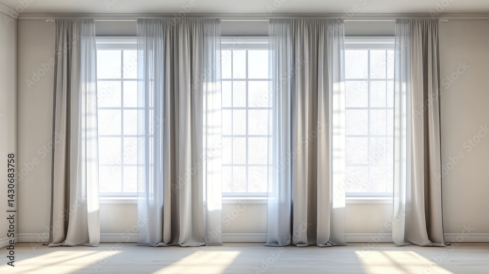 Fototapeta premium Simple, bright room with light beige curtains and large windows