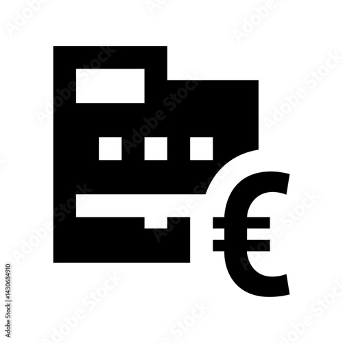 Euro Currency Icon: A simple yet distinct monochrome icon of a cash register juxtaposed with the Euro currency symbol, embodying the concept of financial transactions.
