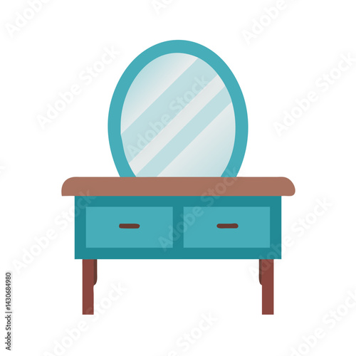 Turquoise Vanity Table Illustration with Round Mirror