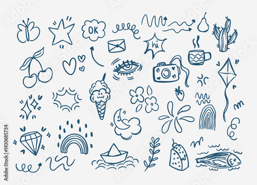 hand drawn line doodles elements collection.