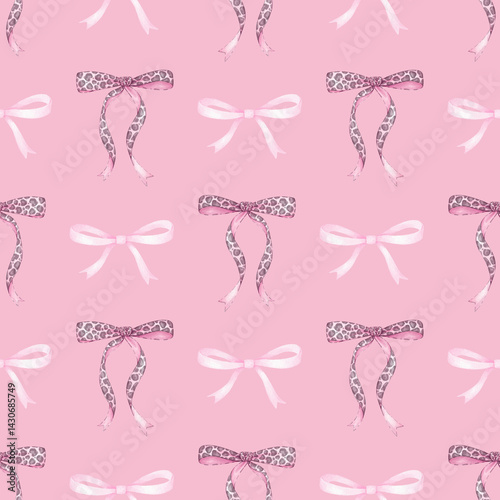 leopard watercolor bows. Seamless pattern in pastel colors. Cute children's illustration for wrapping paper and textiles