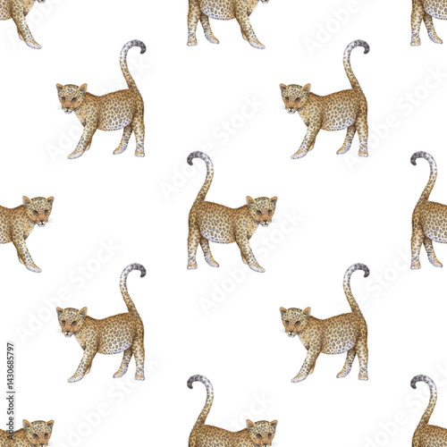leopard. Watercolor seamless pattern with cute animals for textiles and wrapping paper