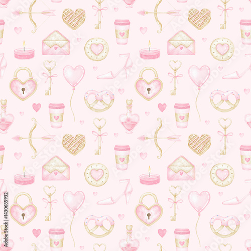 Valentine's Day. Heart, balloon, coffee, bow, key, cookie, envelope. Watercolor seamless pattern in pastel colors. Cute children's illustration for wrapping paper and textiles
