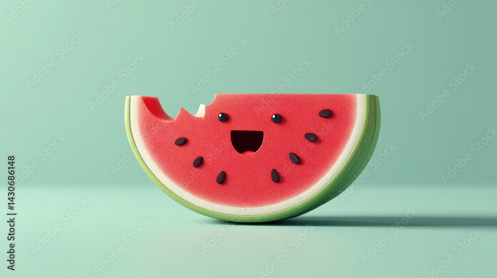 A bright and colorful cartoon watermelon slice sits against a soft green background. It features a smiling face and a bite taken from one side, adding a fun touch to summer vibes A bright and colorful cartoon watermelon slice sits against a soft green background. It features a smiling face and a bite taken from one side, adding a fun touch to summer vibes