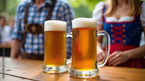 Two glasses of Pilsner Urquell beer on a wooden table, with people in traditional Bavarian clothing in the background. Best for Oktoberfest-themed designs.