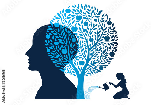a girl watered tree, silhouette of head behind tree