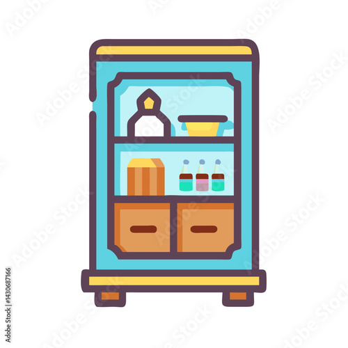 Colorful Shelf Filled with Items, Cabinet Icon Image