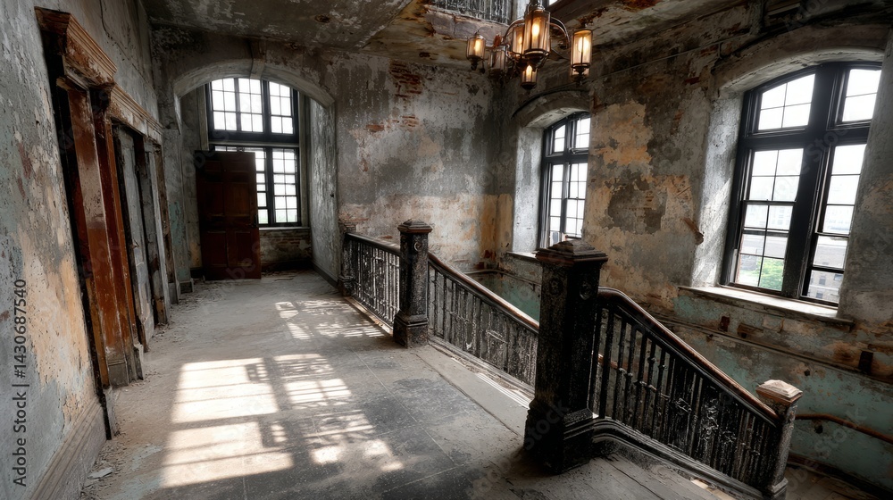 Fototapeta premium Beautifully Decaying Abandoned Interior with Vintage Staircase and Windows Reflecting Natural Light in a Historic Building Setting