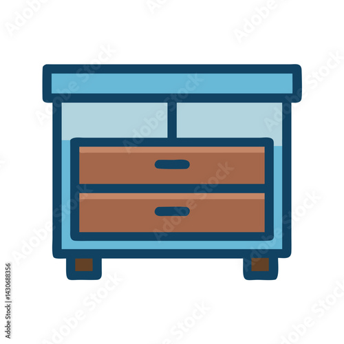 Blue bedside table illustration with two brown drawers