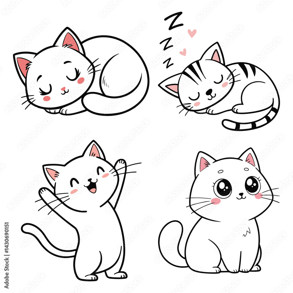Fototapeta premium collection of Happy Cat Vector Illustration with Baby Kitten Doodle