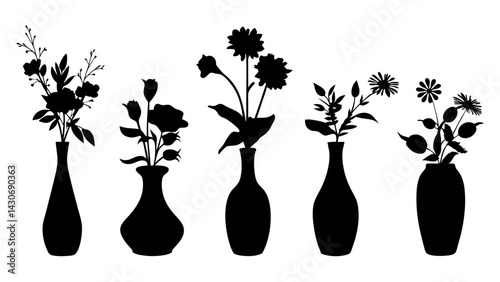 set of flowers in a vase silhouette vector on white background