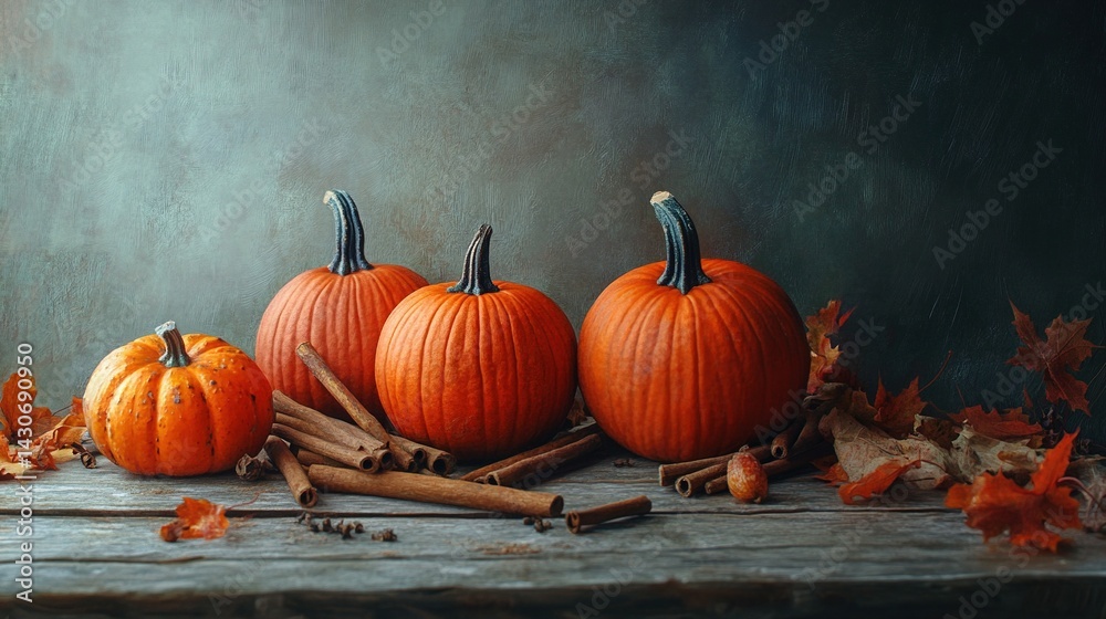 A rustic arrangement of pumpkins and cinnamon sticks on a wooden table, a warm autumn still life with soft side lighting, presents a realistic scene of seasonal harvest and spices. A rustic arrangement of pumpkins and cinnamon sticks on a wooden table, a warm autumn still life with soft side lighting, presents a realistic scene of seasonal harvest and spices.