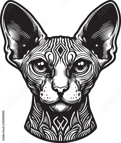 Sphynx Cat Vector Black and White Line Art Illustration