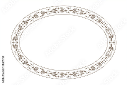 Decorative oval frame with gold floral greek pattern on white background. Oval floral european national pattern frame arabesque. Lace frame for oval surface, invitation, textile, embroidery, porcelain