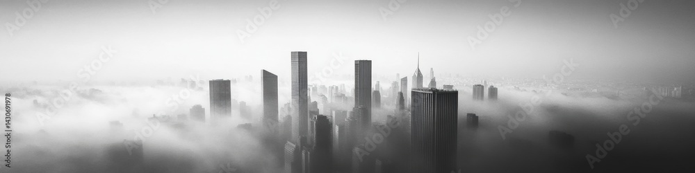 Fototapeta premium Misty Skyline Captured in Black and White With Minimal Shapes and Soft Contrasts Emerging From the Fog at Dawn Generative AI