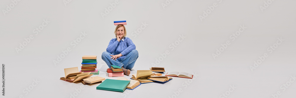 Senior woman sitting cross-legged with one book on head, surrounded by colorful books on floor against white studio background. Concept of education for older adults, active aging
