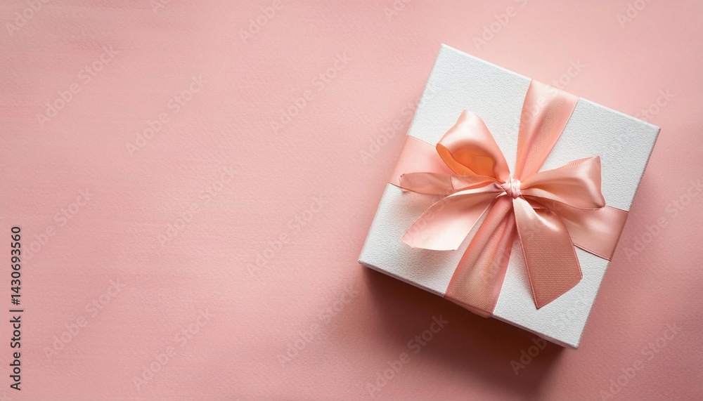 Pastel Pink Gift Box with Peach Ribbon on Pastel Pink Background. Top View of Mother Day Gifts with Copy Space Pastel Pink Gift Box with Peach Ribbon on Pastel Pink Background. Top View of Mother Day Gifts with Copy Space