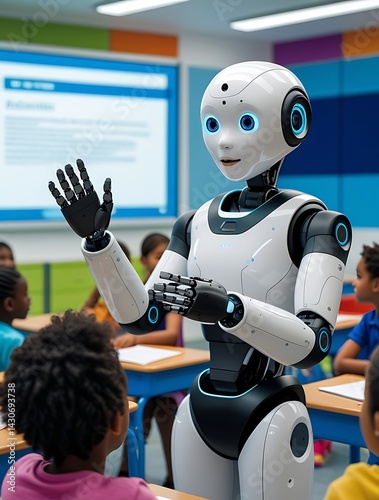 A humanoid robot teaching kids in a classroom, using advanced artificial intelligence in education. The future of learning with robots as teaching assistants.

