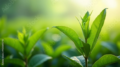 Close-up of fresh green leaves, possibly Camellia sinensis, Lemon Verbena, or Lemon myrtle, ideal for showcasing natural beauty, herbal ingredients, or tea-related products. 