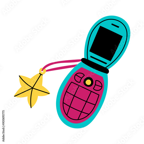 clamshell phone with a keychain. A cute and stylish mobile phone. An old model from the 90s. Hand-drawn vector illustration. The concept of vintage electronics. Isolated flat doodle illustration