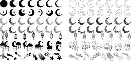 Black Outline Crescent Vector Bundle. A set of Islamic Arabic moon crescent arts and illustrations for web and print related religious cultural uses.