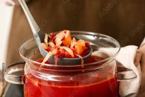 Homemade red borscht soup w...