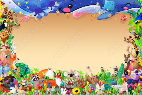 Cartoon zoo animals frame template. Cute jangle poster for kid. Wildlife plants design illustration. Blank form paper on grass forest banner. Happy group woodland characters. Print art baby border