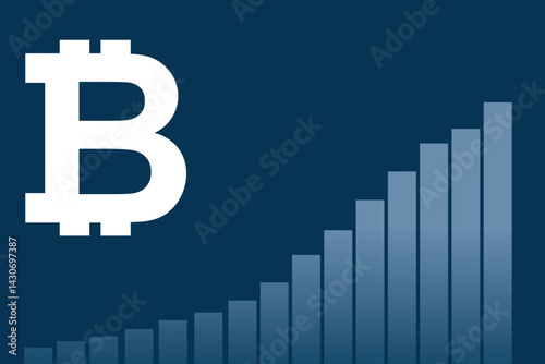 Bold Bitcoin symbol vector with an upward bar chart on a dark blue background, symbolizing the growth of the cryptocurrency. Ideal for finance-themed visuals, crypto marketing, and investing.