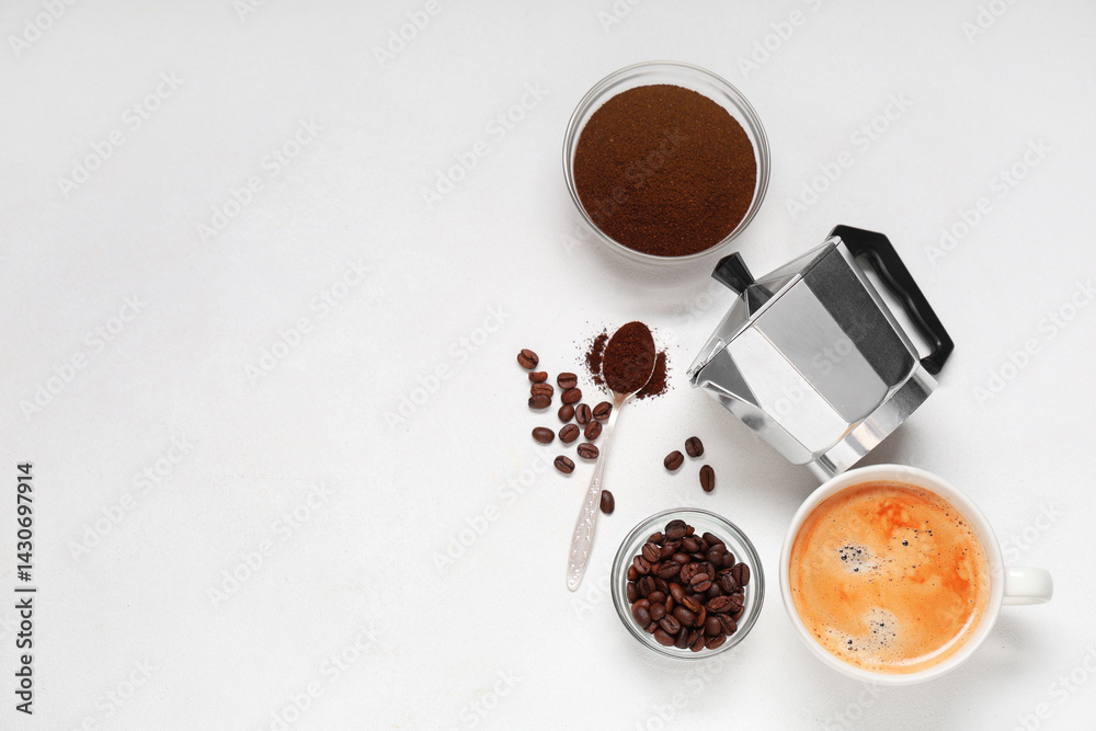 Cup of coffee with powder, beans and geyser coffee maker on white background