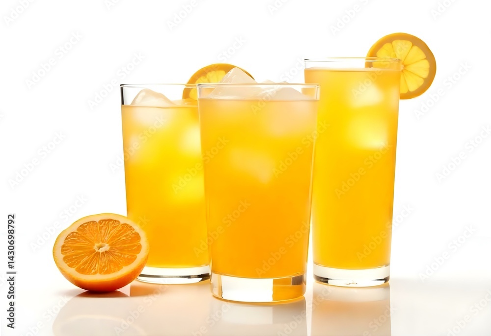 Glasses of fruit drinks with ice cubes isolated on white Glasses of fruit drinks with ice cubes isolated on white